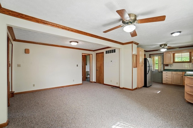 5870 Brook Rd NW, Baltimore, OH 43105 - unfurnished living room with baseboards, ceiling fan, light carpet, a textured ceiling, and crown molding