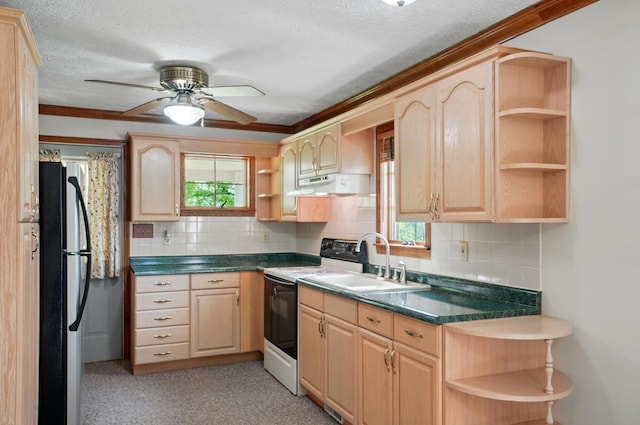 5870 Brook Rd NW, Baltimore, OH 43105 - kitchen featuring open shelves, electric stove, freestanding refrigerator, light brown cabinetry, and a textured ceiling
