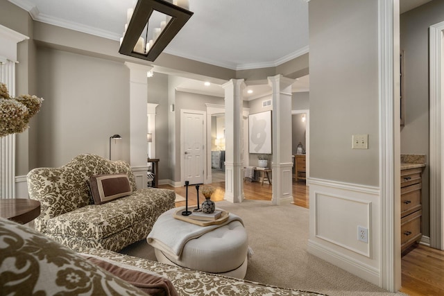 712 Riverbend Ave, Powell, OH 43065 - bedroom featuring decorative columns, crown molding, and light wood finished floors