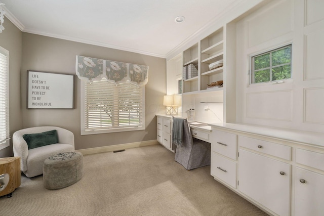 712 Riverbend Ave, Powell, OH 43065 - office featuring built in desk, light colored carpet, crown molding, plenty of natural light, and baseboards