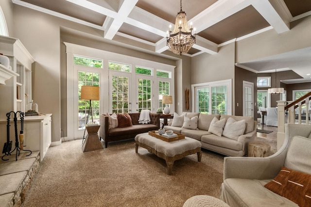 712 Riverbend Ave, Powell, OH 43065 - living room featuring a chandelier, coffered ceiling, beamed ceiling, carpet flooring, and a towering ceiling