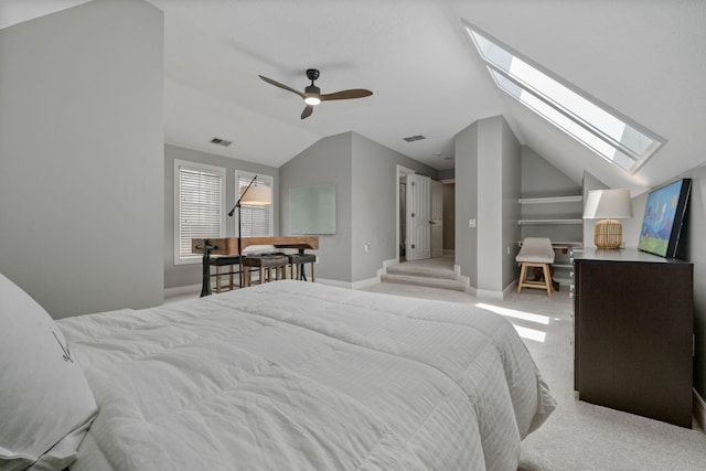 712 Riverbend Ave, Powell, OH 43065 - bedroom featuring vaulted ceiling, a skylight, carpet, a ceiling fan, and baseboards