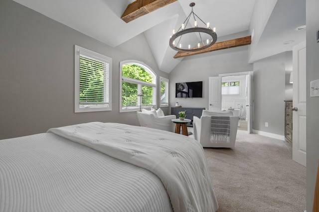 712 Riverbend Ave, Powell, OH 43065 - bedroom featuring beam ceiling, a chandelier, light carpet, baseboards, and high vaulted ceiling