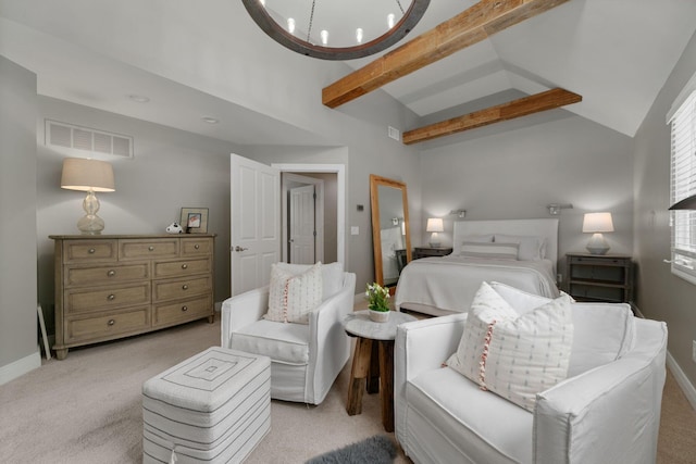 712 Riverbend Ave, Powell, OH 43065 - bedroom with light colored carpet, baseboards, beamed ceiling, high vaulted ceiling, and a chandelier