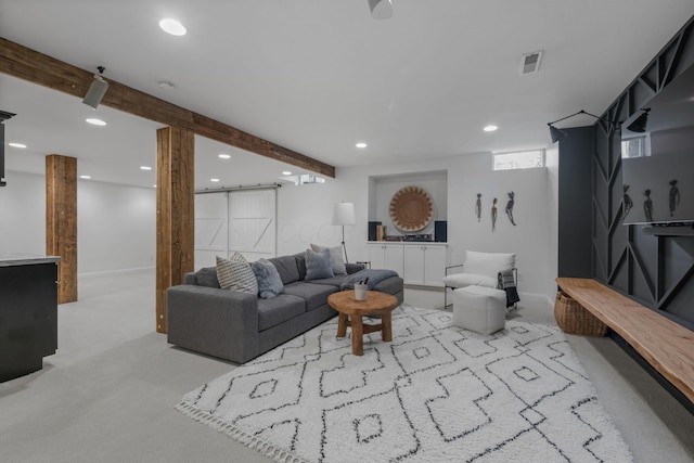 712 Riverbend Ave, Powell, OH 43065 - carpeted living area with recessed lighting and beamed ceiling