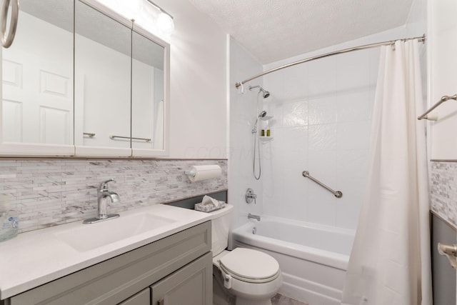 308 Postage Cir, Pickerington, OH 43147 - bathroom featuring shower / tub combo, toilet, vanity, a textured ceiling, and decorative backsplash