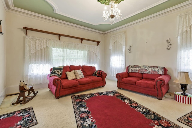 1625 Stringtown Rd NE, Lancaster, OH 43130 - carpeted living room with ornamental molding and a chandelier