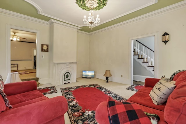 1625 Stringtown Rd NE, Lancaster, OH 43130 - carpeted living area with a chandelier, crown molding, and stairs