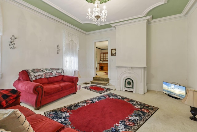 1625 Stringtown Rd NE, Lancaster, OH 43130 - carpeted living area with crown molding and a chandelier