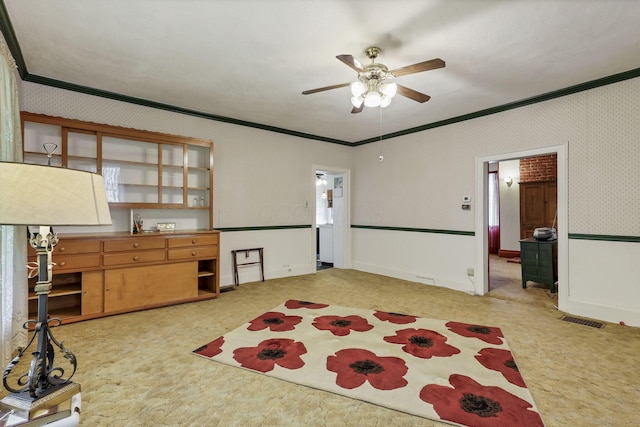 1625 Stringtown Rd NE, Lancaster, OH 43130 - kitchen with crown molding, ceiling fan, carpet floors, and open shelves