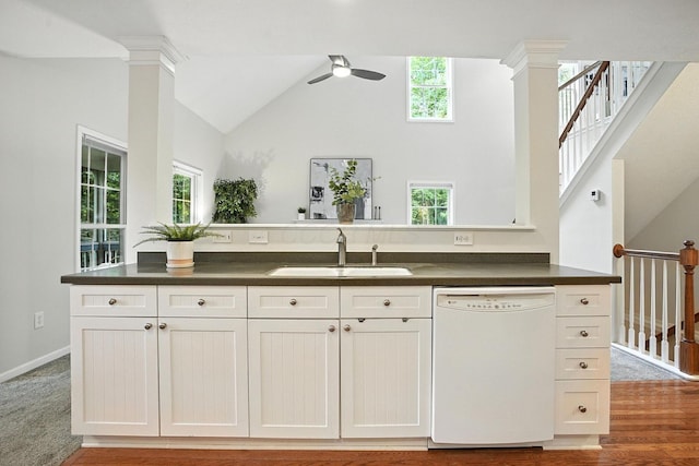 1223 Sanctuary Pl, Columbus, OH 43230 - kitchen featuring dishwasher, dark countertops, healthy amount of natural light, high vaulted ceiling, and ceiling fan