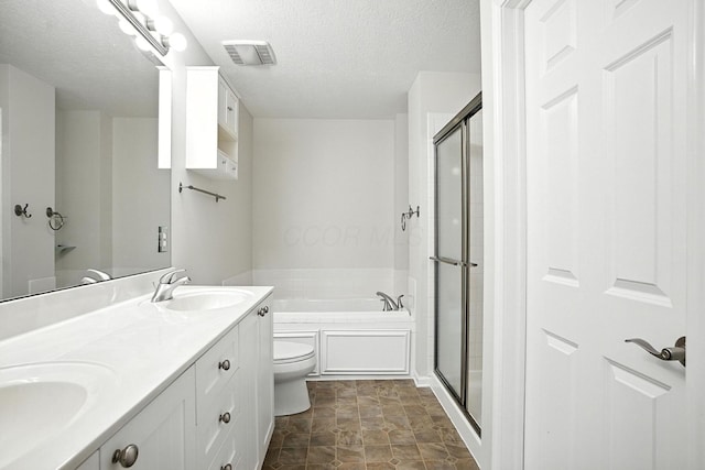 1223 Sanctuary Pl, Columbus, OH 43230 - bathroom featuring a textured ceiling, a bath, double vanity, and a shower stall