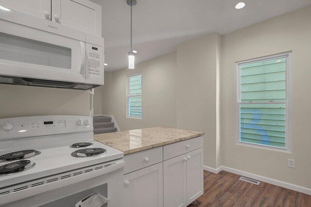564-564 Kelton Ave, Columbus, OH 43205 - kitchen with white appliances, dark wood-style flooring, baseboards, white cabinets, and hanging light fixtures