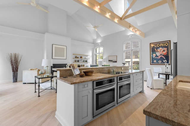 382 E Town St, Columbus, OH 43215 - kitchen featuring oven, high vaulted ceiling, a ceiling fan, and light wood finished floors