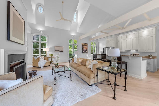 382 E Town St, Columbus, OH 43215 - living room featuring plenty of natural light, light wood finished floors, high vaulted ceiling, a fireplace, and ceiling fan