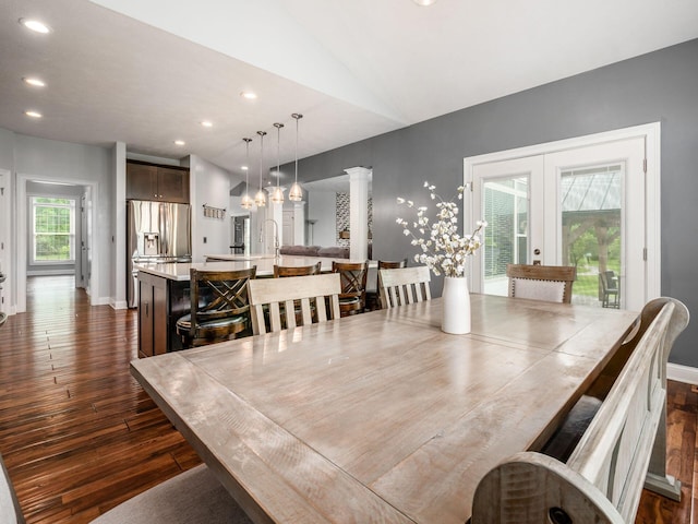 5046 Clark-Shaw Rd, Powell, OH 43065 - dining room with dark wood-type flooring, french doors, vaulted ceiling, recessed lighting, and baseboards