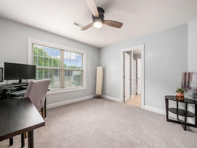 5046 Clark-Shaw Rd, Powell, OH 43065 - office area featuring baseboards, ceiling fan, and light carpet