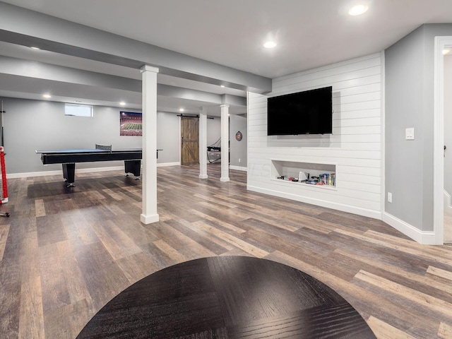 5046 Clark-Shaw Rd, Powell, OH 43065 - below grade area featuring baseboards, billiards, wood finished floors, and recessed lighting