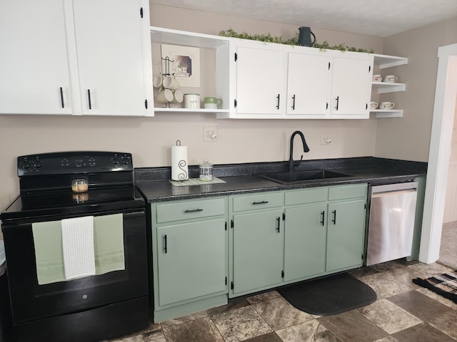 7703 County Road 91, Lewistown, OH 43333 - kitchen featuring open shelves, black / electric stove, stainless steel dishwasher, a sink, and stone finish flooring
