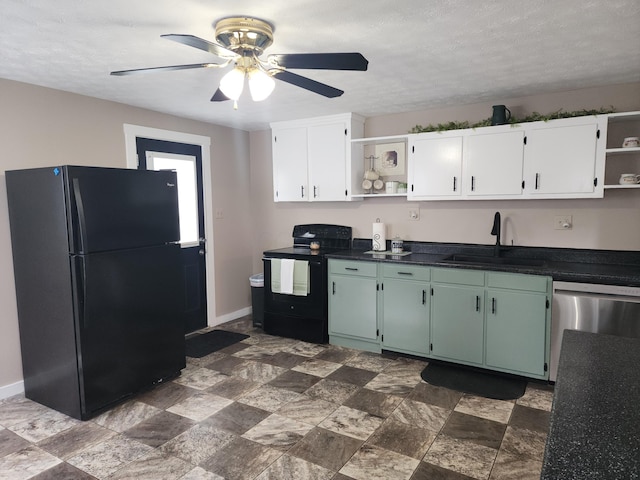 7703 County Road 91, Lewistown, OH 43333 - kitchen featuring open shelves, black appliances, a sink, a ceiling fan, and dark countertops