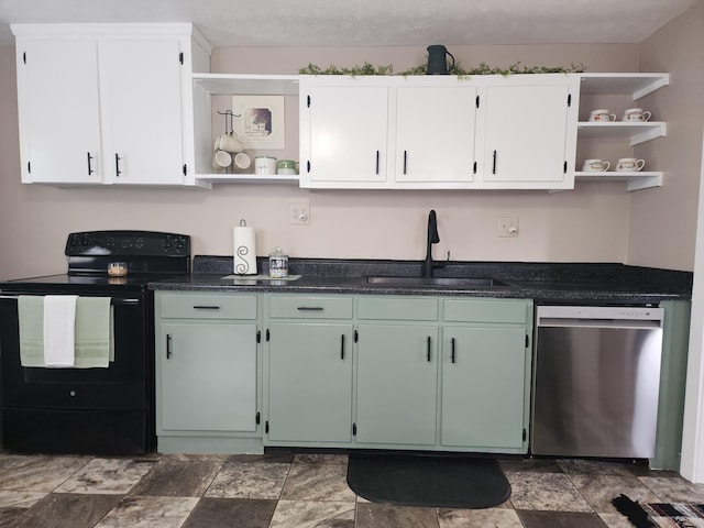 7703 County Road 91, Lewistown, OH 43333 - kitchen with black / electric stove, stainless steel dishwasher, open shelves, a sink, and dark stone finish floors