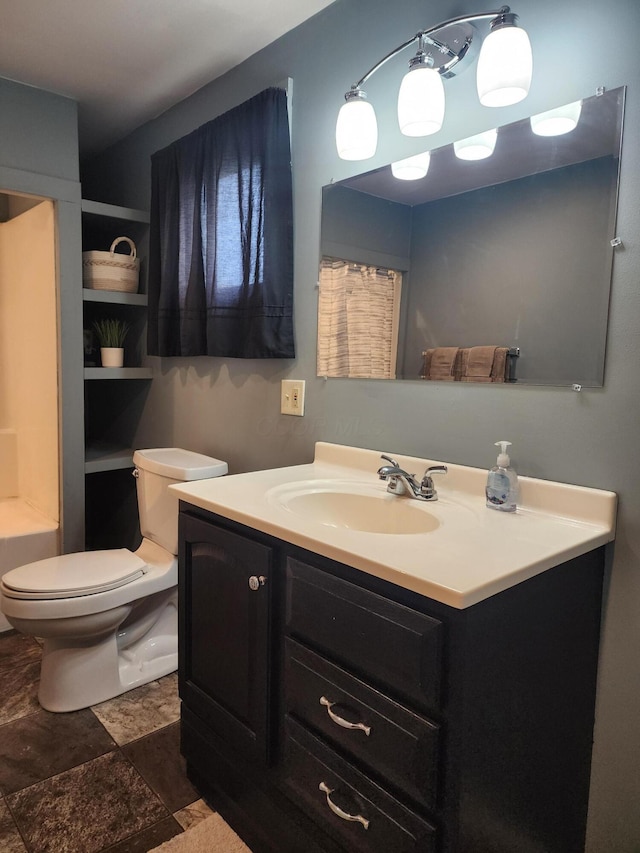 7703 County Road 91, Lewistown, OH 43333 - full bathroom with toilet, vanity, curtained shower, and stone finish flooring