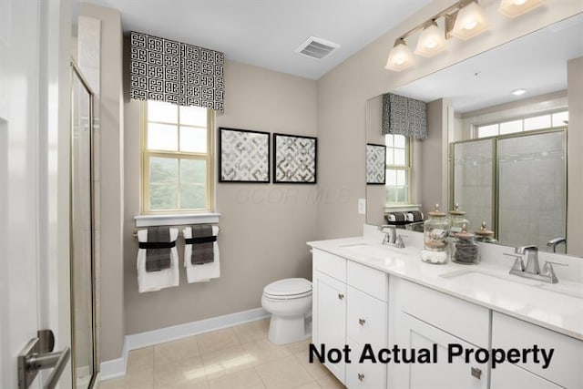1304 Walsh Dr, Reynoldsburg, OH 43068 - full bathroom featuring a shower stall, toilet, baseboards, double vanity, and tile patterned flooring
