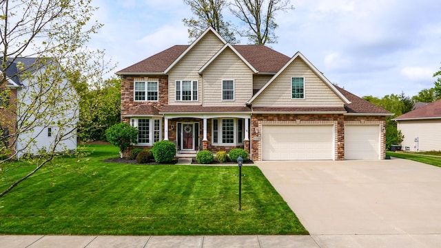 21252 Breckenridge Ln, Strongsville, OH 44149 - view of front of house with driveway, a front yard, roof with shingles, and stone siding