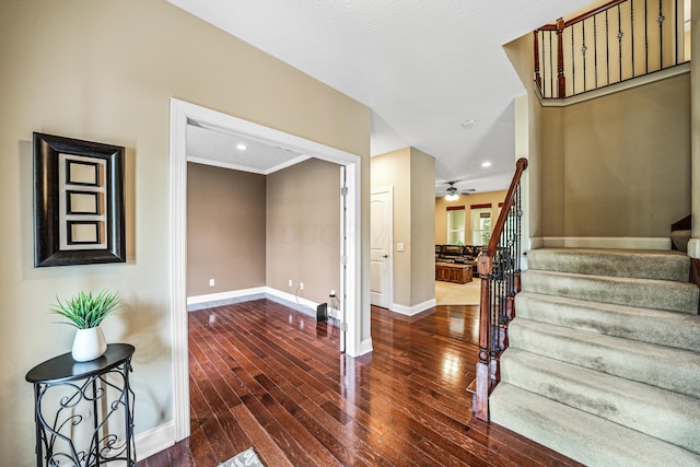 21252 Breckenridge Ln, Strongsville, OH 44149 - entrance foyer with stairs, baseboards, hardwood / wood-style flooring, ceiling fan, and recessed lighting
