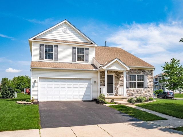 5292 Winters Run Rd, Dublin, OH 43016 - traditional-style home with driveway, a front yard, a garage, and a shingled roof
