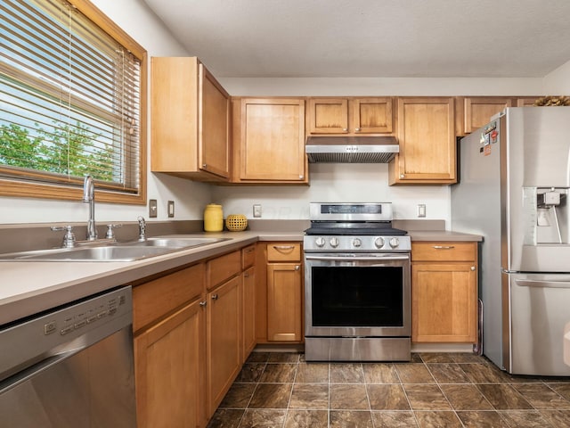 5292 Winters Run Rd, Dublin, OH 43016 - kitchen featuring stainless steel appliances, under cabinet range hood, a sink, and light countertops