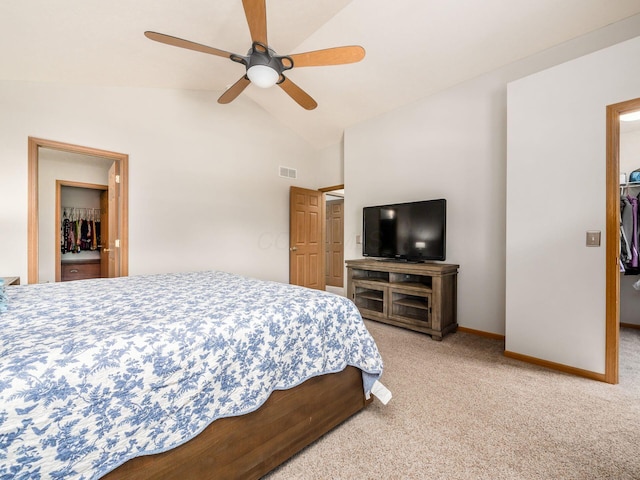 5292 Winters Run Rd, Dublin, OH 43016 - carpeted bedroom with a spacious closet, a closet, vaulted ceiling, baseboards, and a ceiling fan
