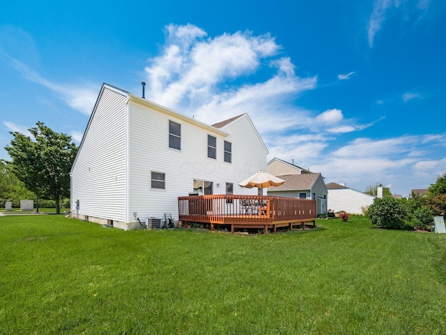 5292 Winters Run Rd, Dublin, OH 43016 - rear view of house with a wooden deck, a lawn, and central AC unit
