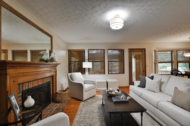 587 Center Woods Dr, Columbus, OH 43214 - living room with wood finished floors, a textured ceiling, and a fireplace