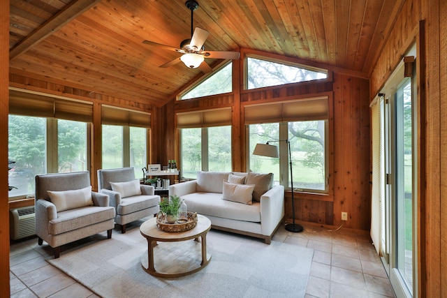 587 Center Woods Dr, Columbus, OH 43214 - living room with wood ceiling, lofted ceiling, wooden walls, a ceiling fan, and light tile patterned floors