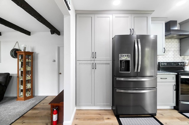 3865 Anderson Rd, Circleville, OH 43113 - kitchen featuring stainless steel refrigerator with ice dispenser, range with electric stovetop, wall chimney range hood, light wood-style flooring, and beamed ceiling