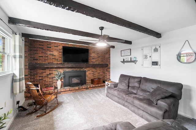 3865 Anderson Rd, Circleville, OH 43113 - carpeted living area with beamed ceiling, a ceiling fan, and a wood stove