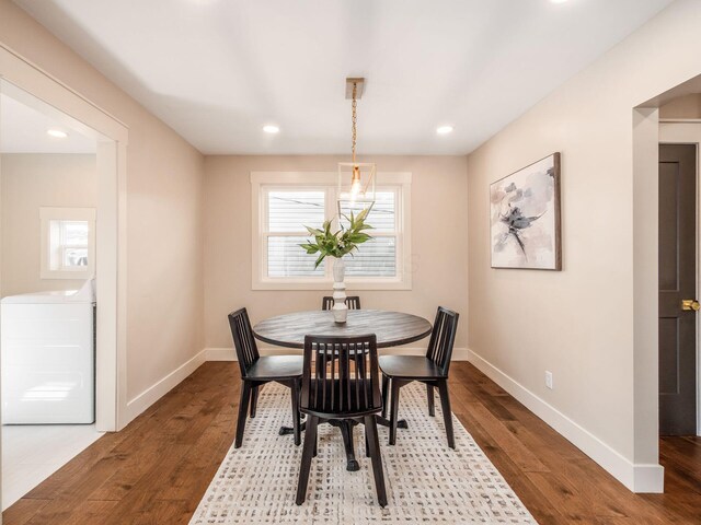 697 Stanley Ave, Columbus, OH 43206 - dining space featuring washer / dryer, baseboards, wood finished floors, and recessed lighting