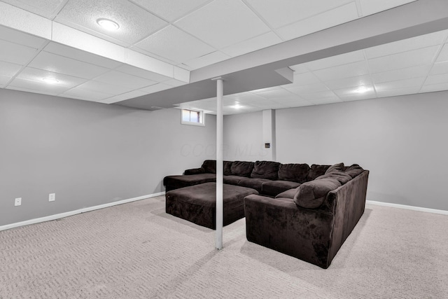 carpeted living room with a drop ceiling and baseboards