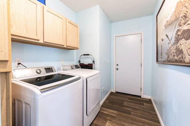 145 Sara Ave, Marion, OH 43302 - laundry area featuring cabinet space, dark wood-style flooring, washing machine and clothes dryer, and baseboards