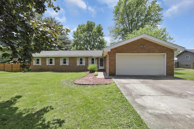 ranch-style home with brick siding, an attached garage, and concrete driveway