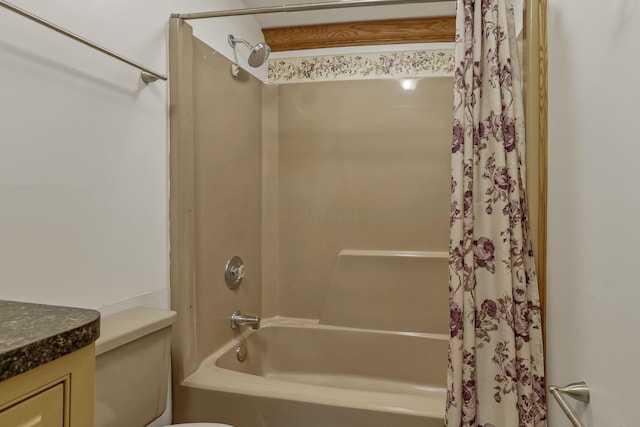full bath featuring shower / tub combo, vanity, and toilet