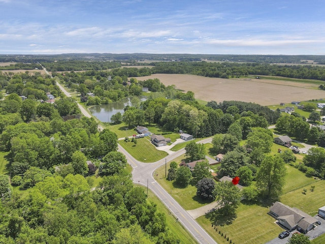 aerial view of a nearby body of water and a tree filled landscape