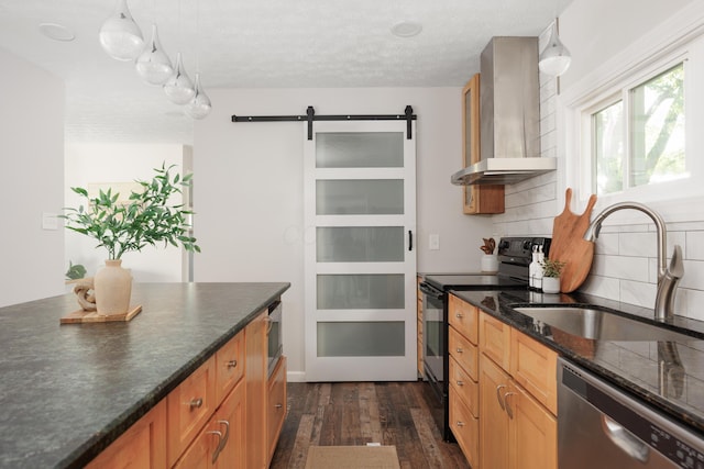 1366 Dyer Rd, Grove City, OH 43123 - kitchen featuring black / electric stove, dishwasher, wall chimney exhaust hood, a sink, and a barn door