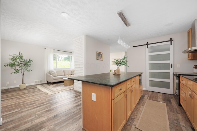 1366 Dyer Rd, Grove City, OH 43123 - kitchen with a barn door, electric stove, dark countertops, wood finished floors, and a kitchen island