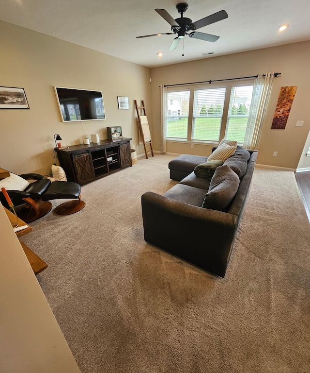 7540 Twisted Bark Dr, Canal Winchester, OH 43110 - living room featuring light colored carpet, ceiling fan, baseboards, and recessed lighting