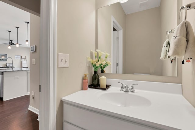 7540 Twisted Bark Dr, Canal Winchester, OH 43110 - bathroom with vanity, ceiling fan, and wood finished floors