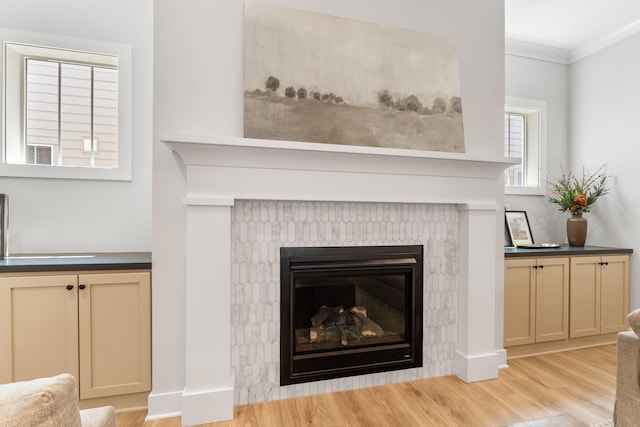 5599 Piatt Rd, Lewis Center, OH 43035 - detailed view of wood finished floors, a glass covered fireplace, and ornamental molding