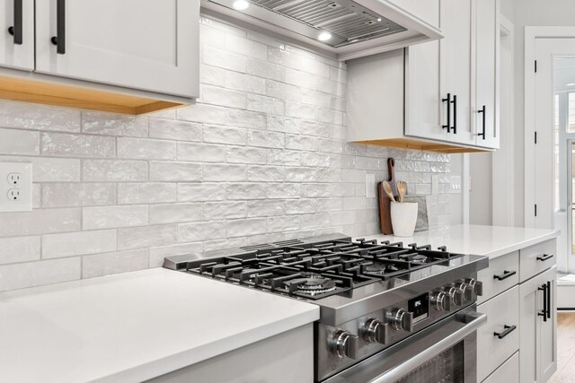 5599 Piatt Rd, Lewis Center, OH 43035 - kitchen with high end stainless steel range, premium range hood, light countertops, and tasteful backsplash