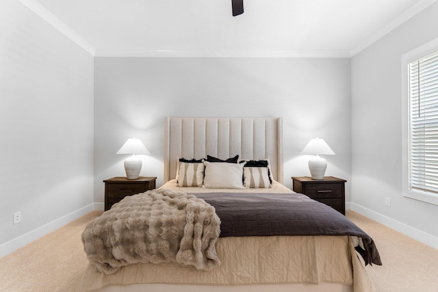 5599 Piatt Rd, Lewis Center, OH 43035 - bedroom featuring light carpet, crown molding, and a ceiling fan